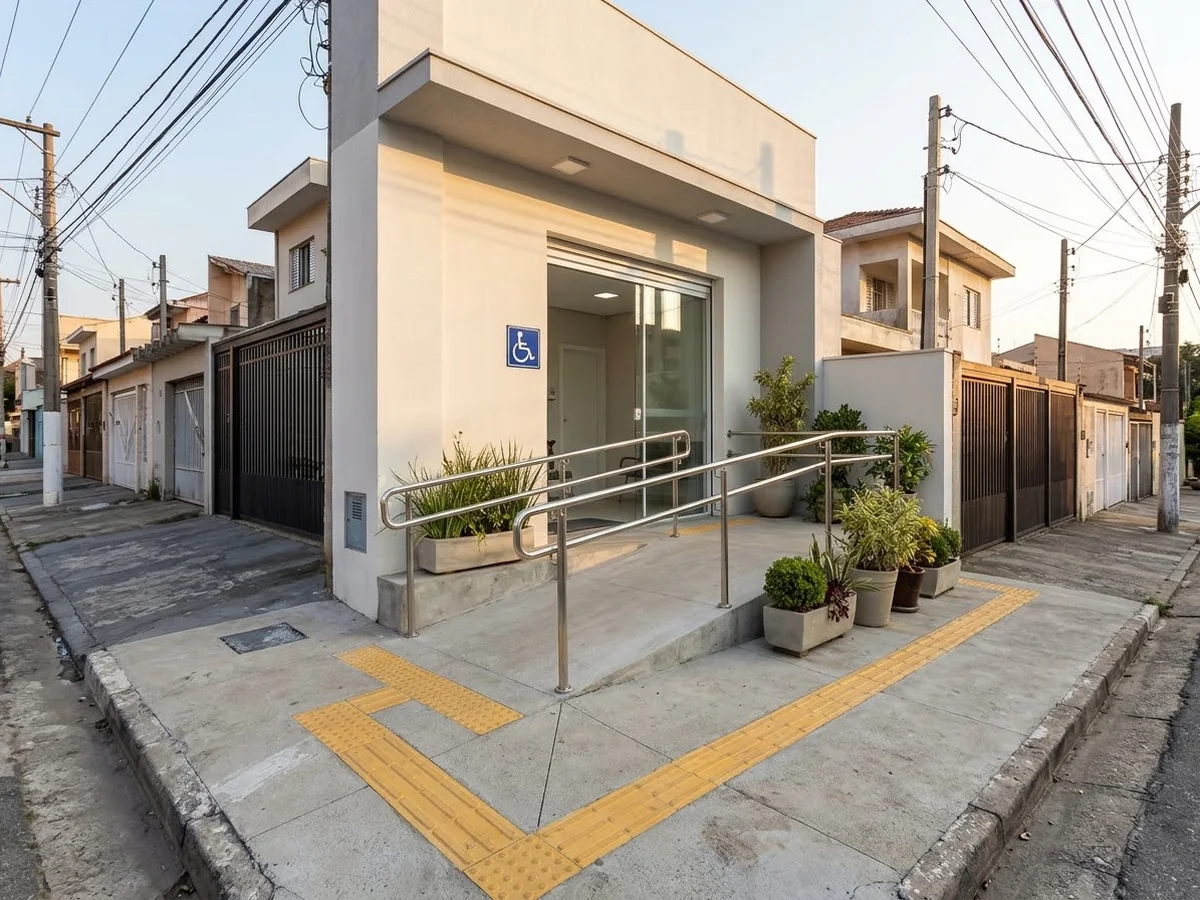 Entrada de uma clínica de bairro com rampa de concreto, corrimãos de inox, piso tátil amarelo na calçada e placa com o símbolo de acesso