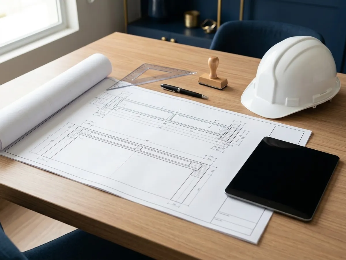 Engineering desk with a printed structural plan, stamp, hard hat and tablet