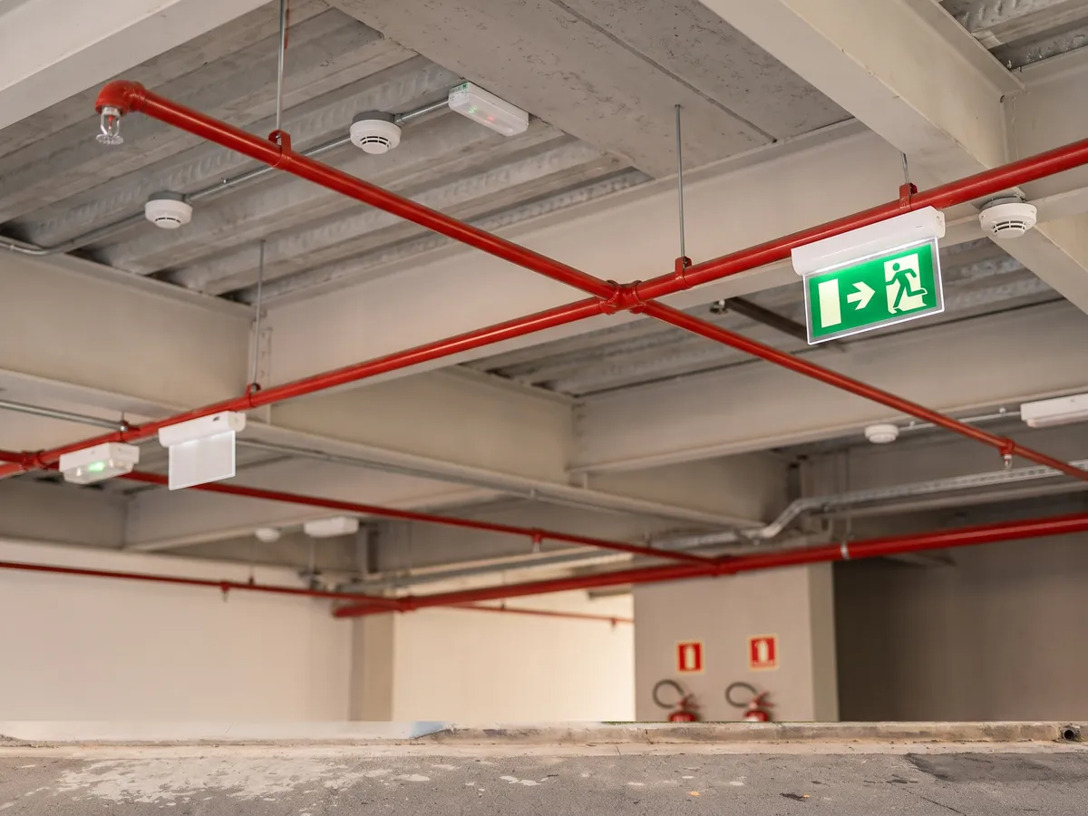 Ceiling of a commercial warehouse with automatic sprinklers, smoke detectors and an emergency exit sign