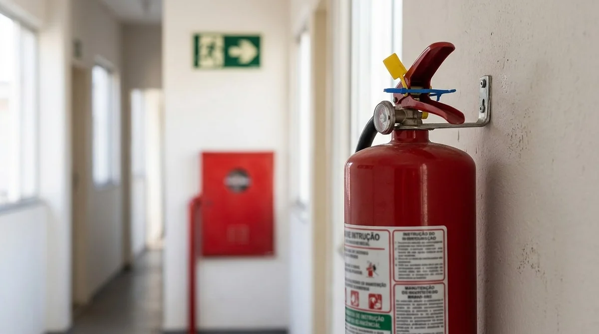 Extintor de incêndio na parede de um corredor comercial, com hidrante e placa de saída ao fundo