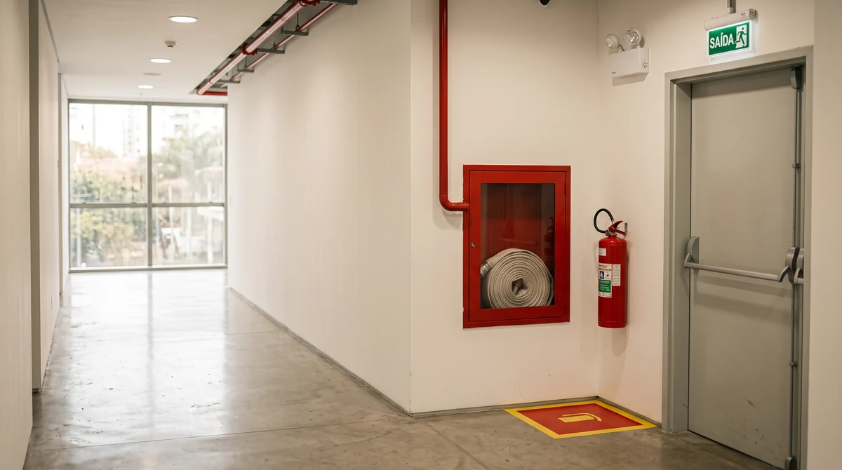 Corredor de prédio comercial com abrigo de mangueira, extintor, luminária de emergência e porta corta-fogo