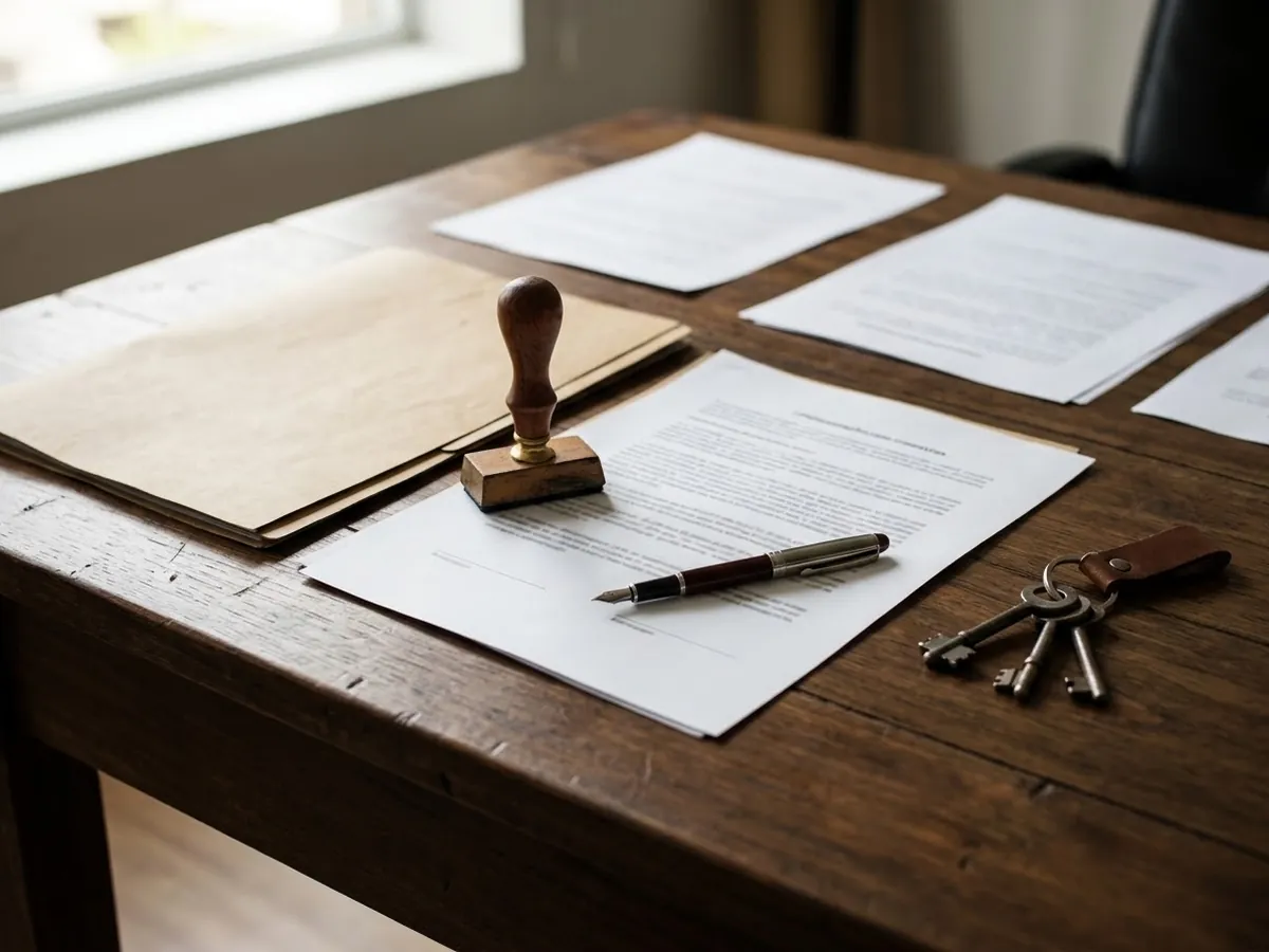 Desk with a document folder, stamp, pen and house keys