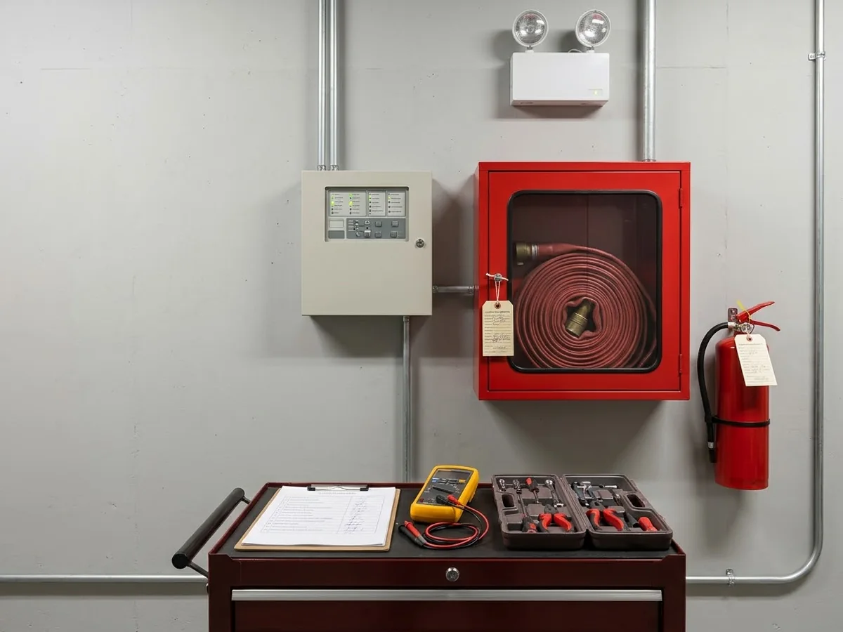 Sala técnica de prédio com central de alarme de incêndio, hidrante e extintor com etiquetas de inspeção, e um carrinho com checklist, multímetro e ferramentas