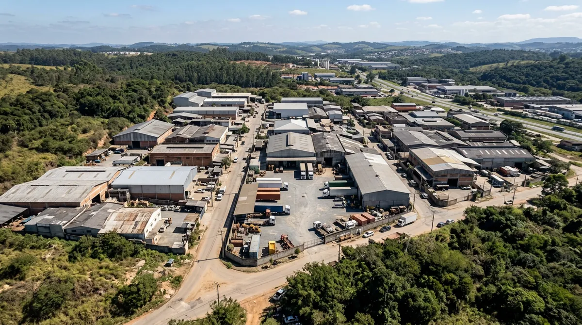 Vista aérea de galpões industriais cercados por vegetação