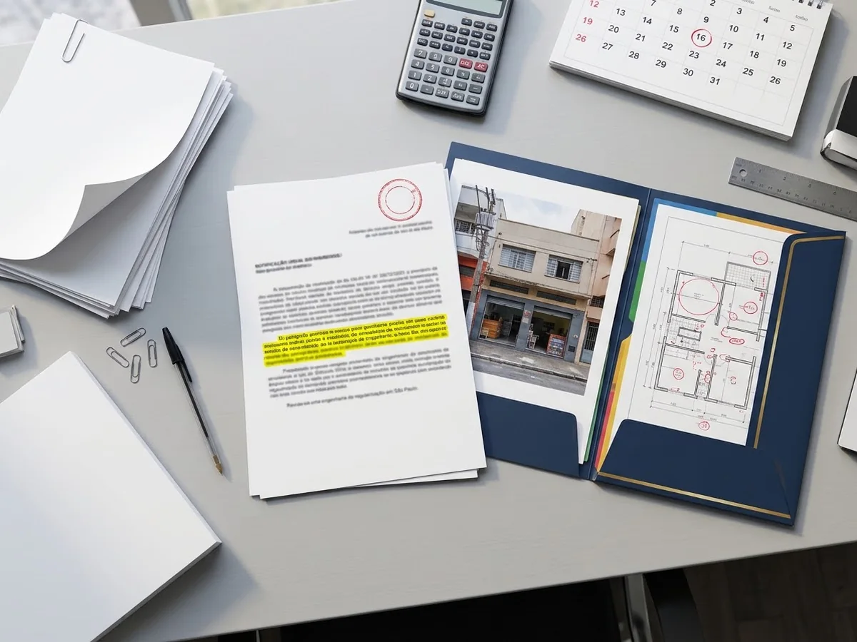 Mesa com uma notificação da Prefeitura marcada com marca-texto, um dossiê com a foto da fachada do imóvel e a planta com correções, e um calendário com o prazo circulado