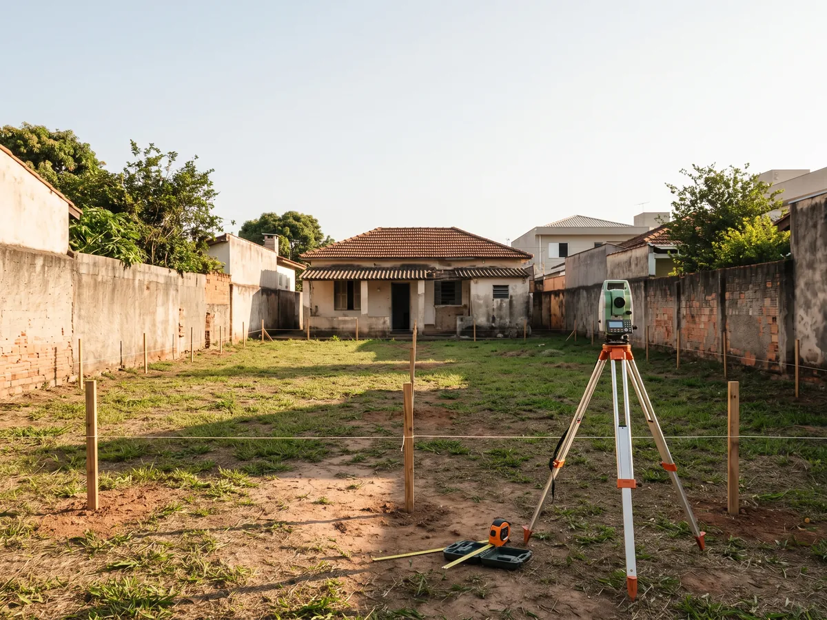 Plot of land with stakes and a line marking the lot division, with surveying equipment