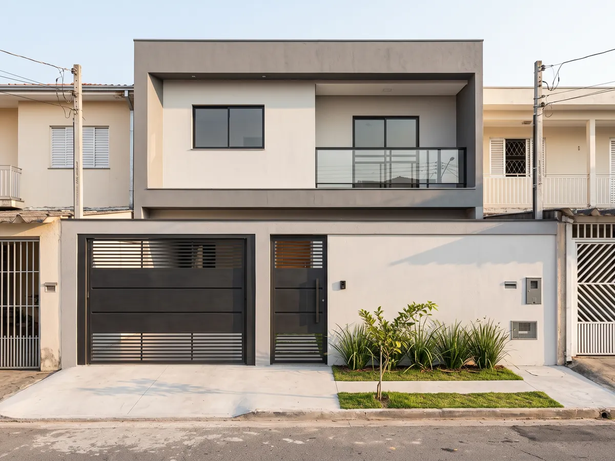Facade of a newly finished townhouse, with a new gate and a planted garden