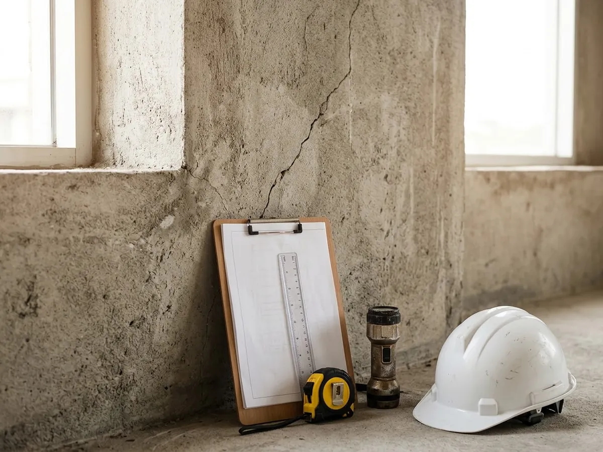 Wall with a crack and, beside it, a clipboard, tape measure, flashlight and inspection helmet