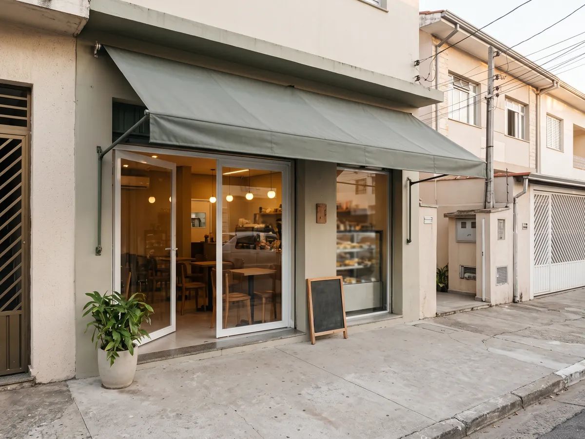 Facade of a small neighborhood café with the door open and an awning