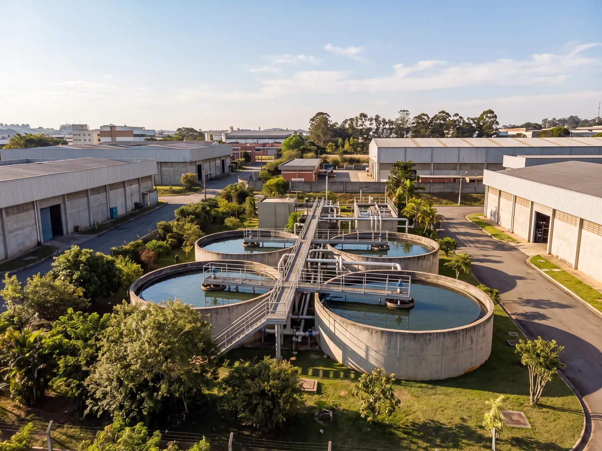 Wastewater treatment plant at an industrial facility, surrounded by vegetation