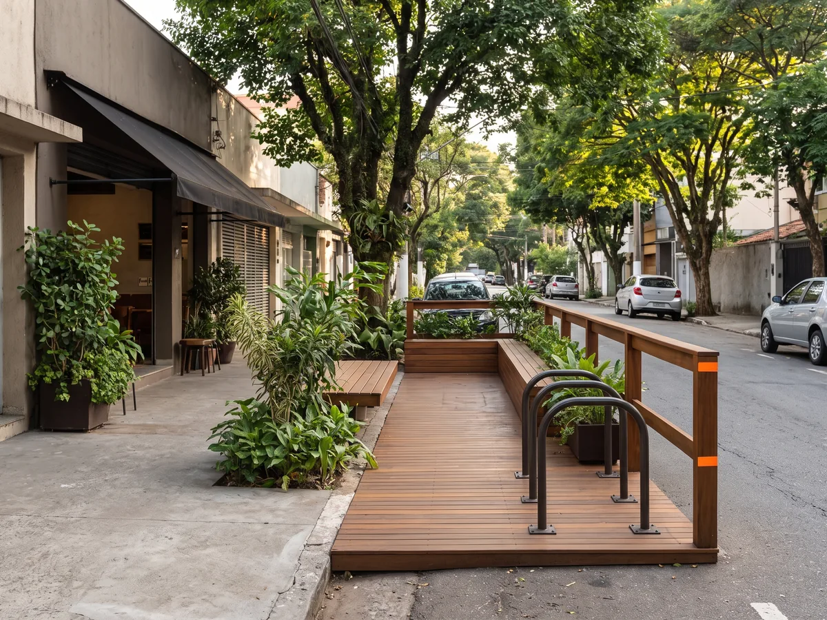 Parklet de deck de madeira sobre a vaga de estacionamento, com bancos, floreiras, paraciclo e guarda-corpo com refletivos, em frente a um café numa rua arborizada