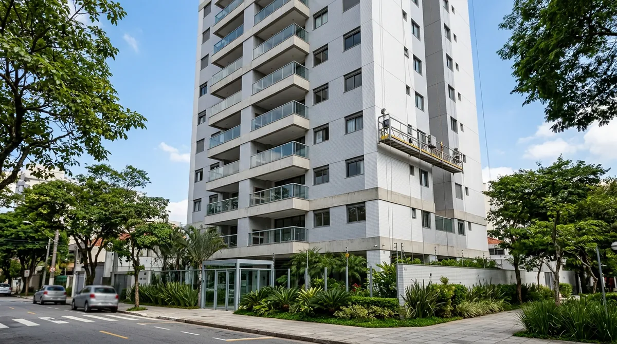 Prédio residencial novo em São Paulo, com uma plataforma de manutenção suspensa na fachada
