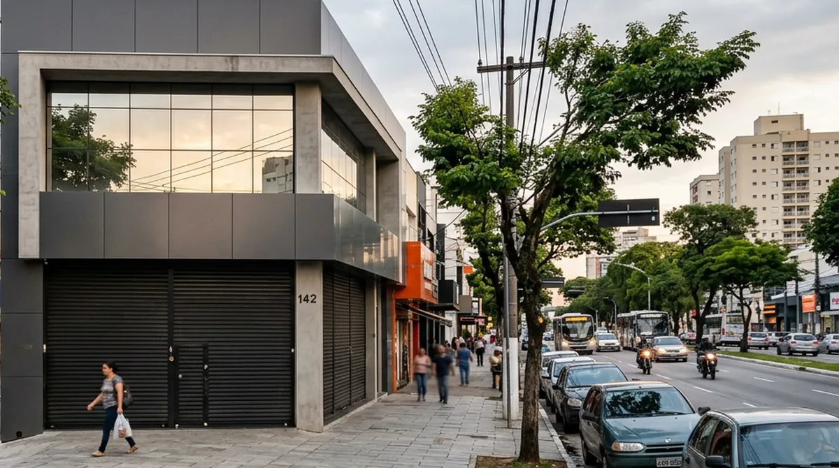 Prédio comercial de dois andares numa avenida de São Paulo, com a porta de aço fechada