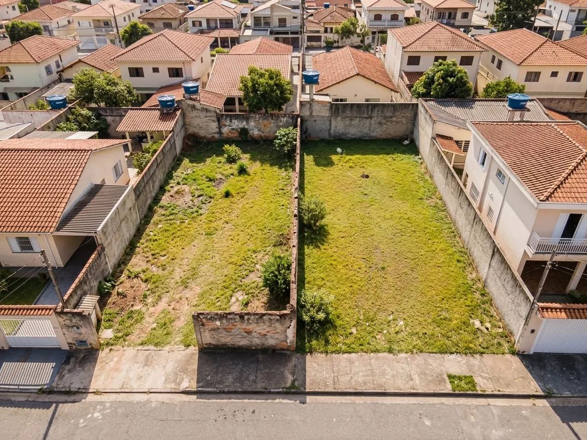 Vista aérea de dois terrenos vizinhos separados por um muro, entre casas